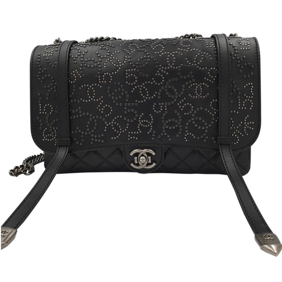 100AUTH CHANEL Black Leather Symbols Flap Bag HGrl - Picture 9 of 12